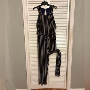 Enfocus Studio Navy and Yellow Striped Jumpsuit